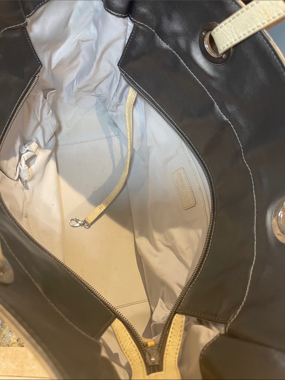 CHANEL Quilted Leather and Canvas Tote - dark gray and Cream - Picture 9 of 14
